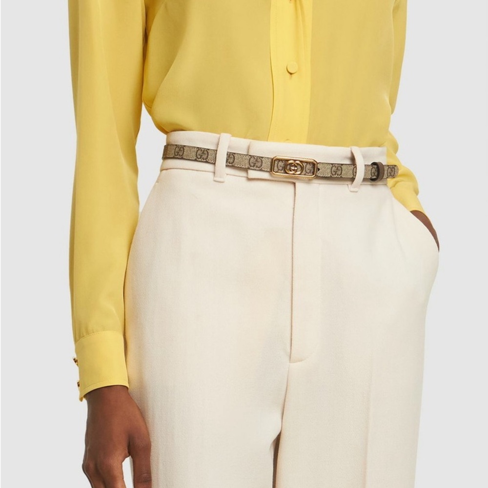 Gucci Monogram Tan and Brown Belt with Gold Emblem. Nwt - Picture 5 of 5